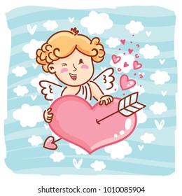 Cute Cupid baby angel character with wings, bow and arrow on blue clouds background as Greeting Card. Romantic hand drawn love illustration art in cartoon, doodle style for Valentine Day