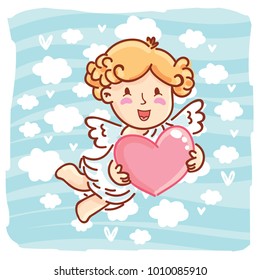 Cute Cupid baby angel character with wings, bow and arrow on blue clouds background as Greeting Card. Romantic hand drawn love illustration art in cartoon, doodle style for Valentine Day