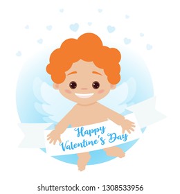 Cute Cupid baby angel character with wings on hearts background. Valentine's Day Vector Card.