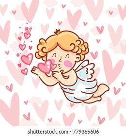 Cute Cupid baby angel character with wings, bow and arrow on hearts background. Pink romantic hand drawn love illustration art in cartoon, doodle style for Valentine Day: for print, greeting card