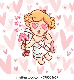 Cute Cupid baby angel character with wings, bow and arrow on hearts background. Pink romantic hand drawn love illustration art in cartoon, doodle style for Valentine Day: for print, greeting card