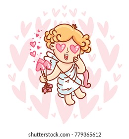 Cute Cupid baby angel character with wings, bow and arrow on hearts background. Pink romantic hand drawn love illustration art in cartoon, doodle style for Valentine Day: for print, greeting card