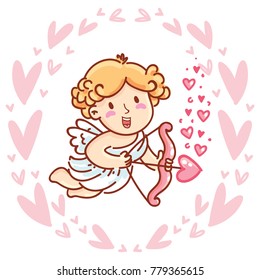 Cute Cupid baby angel character with wings, bow and arrow on hearts background. Pink romantic hand drawn love illustration art in cartoon, doodle style for Valentine Day: for print, greeting card