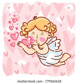 Cute Cupid baby angel character with wings, bow and arrow on hearts background. Pink romantic hand drawn love illustration art in cartoon, doodle style for Valentine Day: for print, greeting card