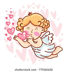 Cute Cupid baby angel character with wings, bow and arrow on hearts background. Pink romantic hand drawn love illustration art in cartoon, doodle style for Valentine Day: for print, greeting card