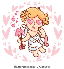 Cute Cupid baby angel character with wings, bow and arrow on hearts background. Pink romantic hand drawn love illustration art in cartoon, doodle style for Valentine Day: for print, greeting card