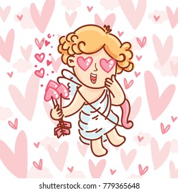Cute Cupid baby angel character with wings, bow and arrow on hearts background. Pink romantic hand drawn love illustration art in cartoon, doodle style for Valentine Day: for print, greeting card