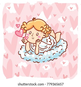 Cute Cupid baby angel character with wings, bow and arrow on hearts background. Pink romantic hand drawn love illustration art in cartoon, doodle style for Valentine Day: for print, greeting card