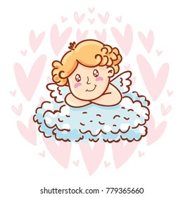 Cute Cupid baby angel character with wings, bow and arrow on hearts background. Pink romantic hand drawn love illustration art in cartoon, doodle style for Valentine Day: for print, greeting card