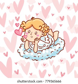 Cute Cupid baby angel character with wings, bow and arrow on hearts background. Pink romantic hand drawn love illustration art in cartoon, doodle style for Valentine Day: for print, greeting card