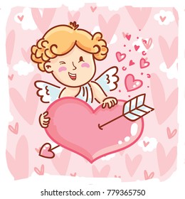 Cute Cupid baby angel character with wings, bow and arrow on hearts background. Pink romantic hand drawn love illustration art in cartoon, doodle style for Valentine Day: for print, greeting card