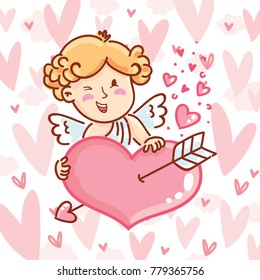 Cute Cupid baby angel character with wings, bow and arrow on hearts background. Pink romantic hand drawn love illustration art in cartoon, doodle style for Valentine Day: for print, greeting card