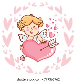 Cute Cupid baby angel character with wings, bow and arrow on hearts background. Pink romantic hand drawn love illustration art in cartoon, doodle style for Valentine Day: for print, greeting card