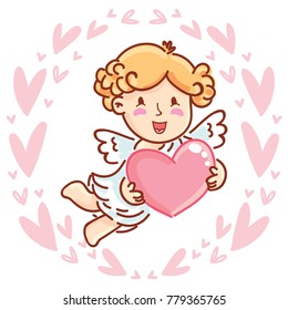 Cute Cupid baby angel character with wings, bow and arrow on hearts background. Pink romantic hand drawn love illustration art in cartoon, doodle style for Valentine Day: for print, greeting card