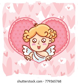 Cute Cupid baby angel character with wings, bow and arrow on hearts background. Pink romantic hand drawn love illustration art in cartoon, doodle style for Valentine Day: for print, greeting card