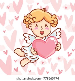 Cute Cupid baby angel character with wings, bow and arrow on hearts background. Pink romantic hand drawn love illustration art in cartoon, doodle style for Valentine Day: for print, greeting card