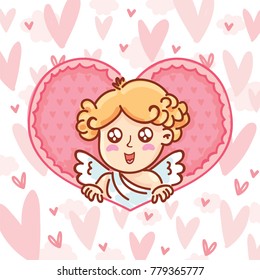 Cute Cupid baby angel character with wings, bow and arrow on hearts background. Pink romantic hand drawn love illustration art in cartoon, doodle style for Valentine Day: for print, greeting card