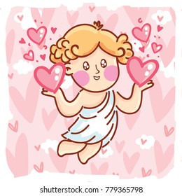 Cute Cupid baby angel character with wings, bow and arrow on hearts background. Pink romantic hand drawn love illustration art in cartoon, doodle style for Valentine Day: for print, greeting card
