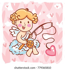 Cute Cupid baby angel character with wings, bow and arrow on hearts background. Pink romantic hand drawn love illustration art in cartoon, doodle style for Valentine Day: for print, greeting card