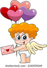 Cute Cupid Baby Cartoon Character With Heart Balloons Holding Love letter. Vector Hand Drawn Illustration Isolated On Transparent Background