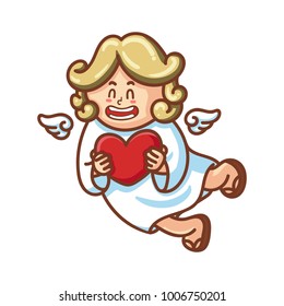 Cute cupid baby character with wings and heart. Romantic hand drawn love illustration art in cartoon for valentine day, for print, greeting card, poster