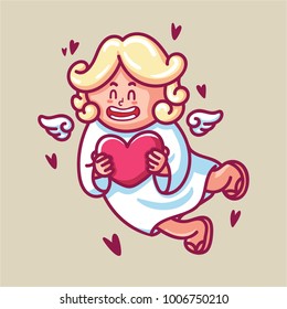 Cute cupid baby character with wings and heart. Romantic hand drawn love illustration art in cartoon for valentine day, for print, greeting card, poster