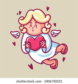 Cute cupid baby character with wings and heart. Romantic hand drawn love illustration art in cartoon for valentine day, for print, greeting card, poster