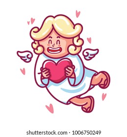 Cute cupid baby character with wings and heart. Romantic hand drawn love illustration art in cartoon for valentine day, for print, greeting card, poster