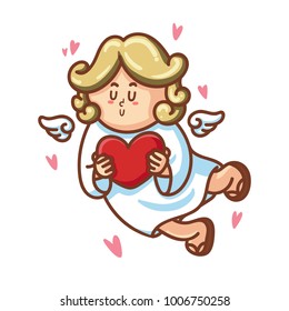 Cute cupid baby character with wings and heart. Romantic hand drawn love illustration art in cartoon for valentine day, for print, greeting card, poster