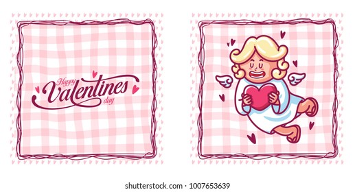 Cute cupid baby character with wings, heart and calligraphy. Romantic hand drawn love illustration art in cartoon for valentine day, for print, greeting card, poster