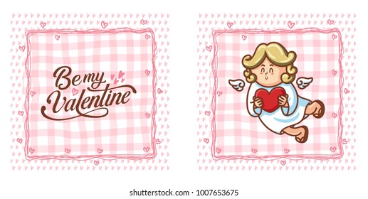 Cute cupid baby character with wings, heart and calligraphy. Romantic hand drawn love illustration art in cartoon for valentine day, for print, greeting card, poster