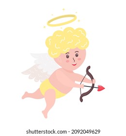 Cute cupid baby with heart arrow, bow and halo. Valentine's Day cherub character with angel wings. 