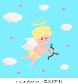 Cute cupid baby with heart arrow, bow and halo. Cherub character with angel wings is flying among clouds and hearts. Valentine's Day postcard.