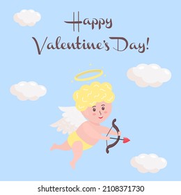 Cute cupid baby with heart arrow, bow and halo. Cherub character with angel wings is flying among clouds. Valentine's Day postcard.