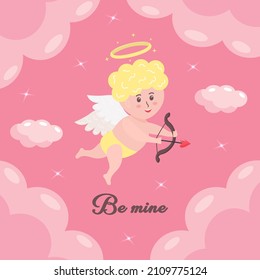 Cute cupid baby with heart arrow, bow and halo. Cherub character with angel wings is flying among clouds and stars.  Valentine's Day postcard.