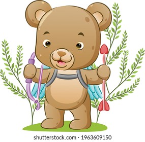 The cute cupid bear is holding the arrow love on her hand and standing in the park of illustration