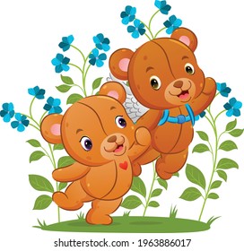 El tierno oso cupido está sosteniendo la mano de su amiga por volar al cielo de la ilustración