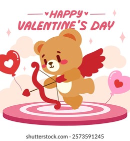 Cute Cupid Bear Illustration with Bow and Arrow for Valentine’s Day. Adorable Teddy Bear Cupid on a Target with Heart Balloons.