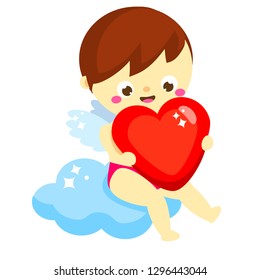 Cute Cupid with big red heart. cartoon St Valentines day character. Amur boy. Isolated angel for romantic valentines design