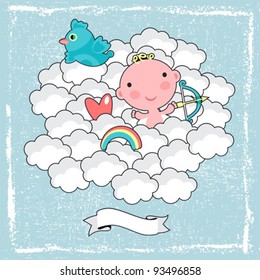 Cute cupid in the blue sky. Vector illustration for the Valentine`s day.