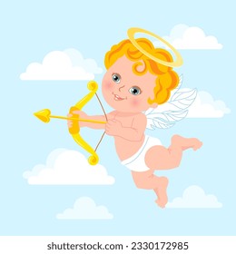 Cute cupid with bow and arrow, baby angel with a halo in the sky with clouds. Illustration, vector