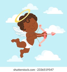 Cute cupid with bow and arrow, baby angel with a halo in the sky with clouds. Illustration, vector	
