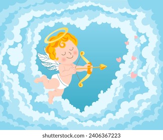 Cute cupid with bow and arrow, baby angel with a halo in the sky with clouds. Illustration, vector