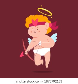 Cute cupid with bow and arrow, character vector cartoon isolated on background.