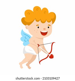 Cupido lindo con arco y flecha. Cherub en San Valentín. Postal para el 14 de febrero.
