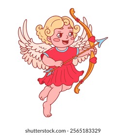 Cute cupid with bow and arrow. Cherub with blonde curly hair and pink dress. Happy Valentine's day doodle character. Amour Baby Angel. God of love, Amor on white background. Vector flat illustration.