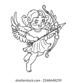 Cute cupid with bow and arrow. Cherub with curly hair. Happy Valentine's day doodle character. children's coloring book. Amour Baby Angel. God of love, Amor on white background. Vector illustration.