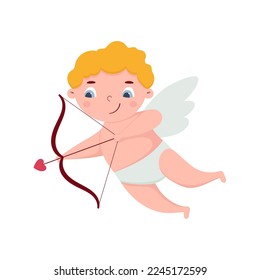 Cute cupid with bow and arrow. Design element for greeting card, invitation, poster, banner, gift tag. Isolated vector illustration