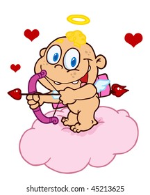 Cute Cupid with Bow and Arrow  Flying With Hearts