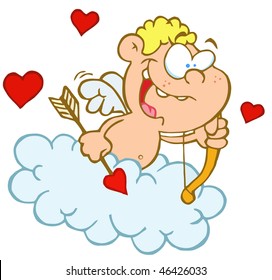 Cute Cupid with Bow and Arrow Flying in Cloud